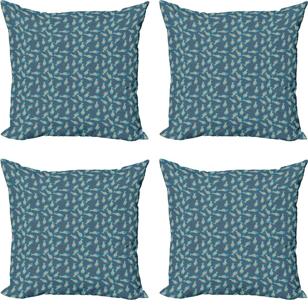 ABAKUHAUS Fisch Kissenbezug Set (4 Stück), Exotische Unterwasser Tiere, Moderner Doppelseitiger Digitaldruck, 50 cm x 50 cm, Schiefer-Blau Hellblau