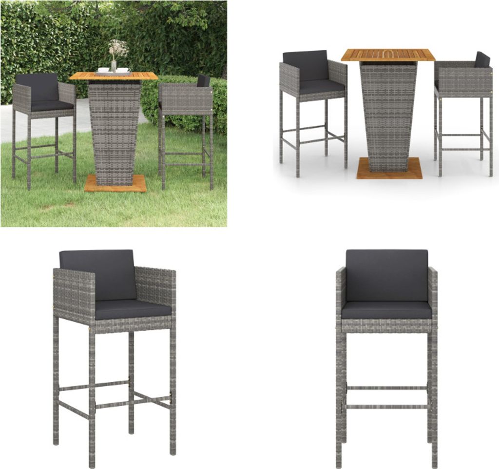vidaXL 3 tlg. Gartenbar Set mit Kissen Poly Rattan Grau - Garten-Bar-Set - Garten-Bar-Set - Garten-Essgruppe - Garten-Essgruppen