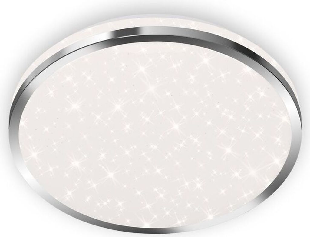 A close-up, studio shot of a round LED ceiling light with a silver trim and a sparkling white interior.