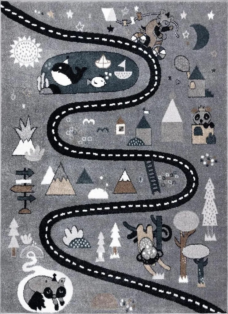 Tapis de chambre enfant 120x170 gris idéal pour jouer aux voitures