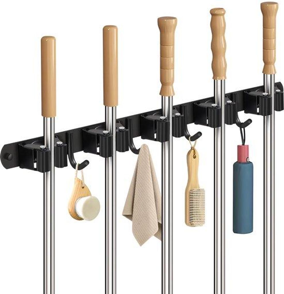Edelstahl-Wandhalterung mit 5 Halter und 4 Haken für Gartengeräte und Besen