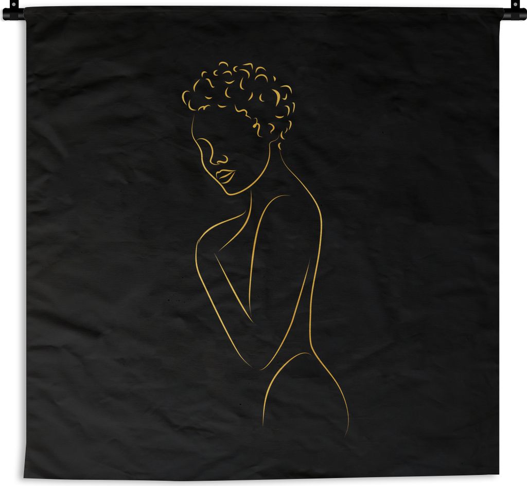 MuchoWow Wandteppich Wandbehang Frau - Schwarz - Gold - Strichzeichnung 150x150 cm Tapisserie Dekoration Wandtuch - Wohnaccessoires - Modernes