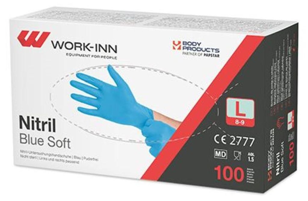 WORK-INN/PS 100 "WORK-INN/PS" Handschuhe, Nitril puderfrei "Blue Soft" blau Größe L | Faltschachtel (100 Stück)