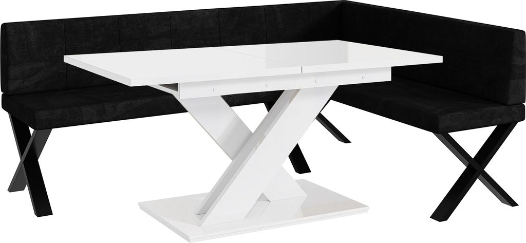MEBLINI Eckbank für Esszimmer mit ausziehbarem Tisch - Küchenbank - Essecke - Sitzecke Küche - PETER - X-Beine 142x196x87cm Rechts - Schwarz Sam...