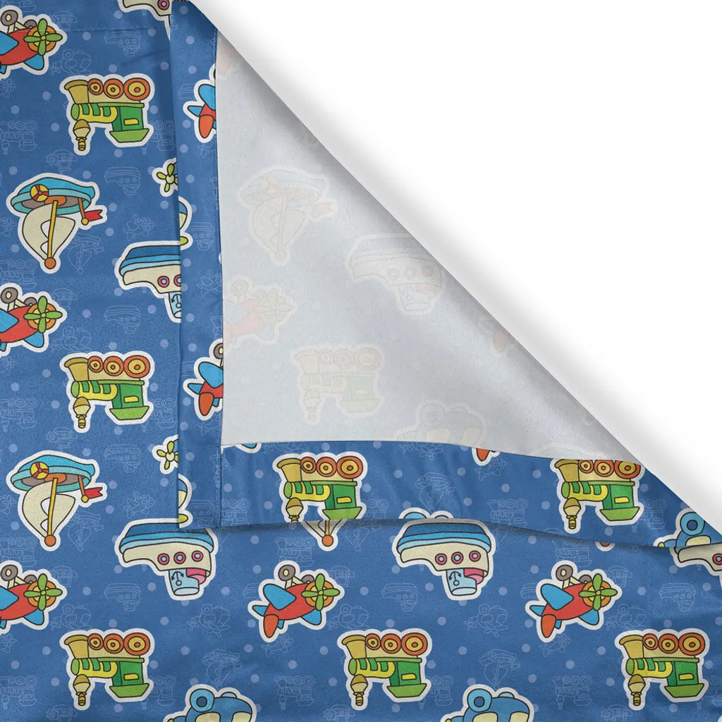 ABAKUHAUS Tenda con occhielli a forma di aeroplano, grazioso motivo con giocattoli, treno, barca a vela, aeroplano, stanza giochi per bambini, design artistico, tende decorative a 2 pannelli, 280 cm x 245 cm, viola, blu, giallo - 2