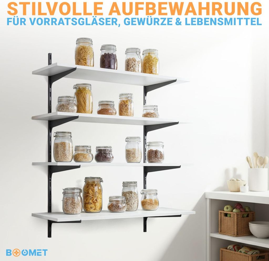 BOOMET Wandschienen 1-reihig Weiß 100cm 2 Stück · 2 Farben · Regalschienen für Regalträger / Wandregal · Regalbodenträger aus Stahl