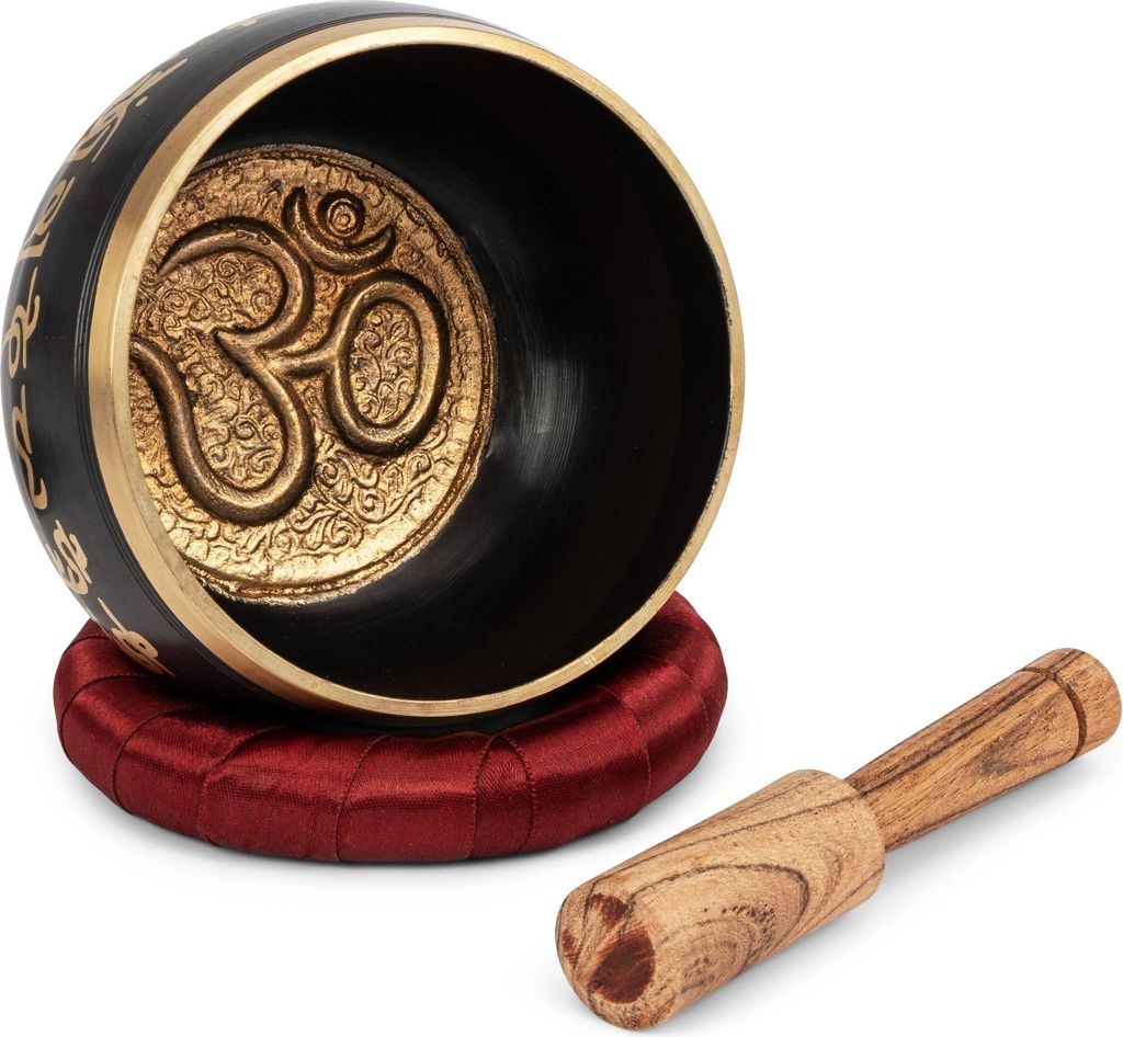 Ø 11,5cm Tibetische Klangschalen Set Lotus Klangstab echt Holz Schwarz Gold 2575