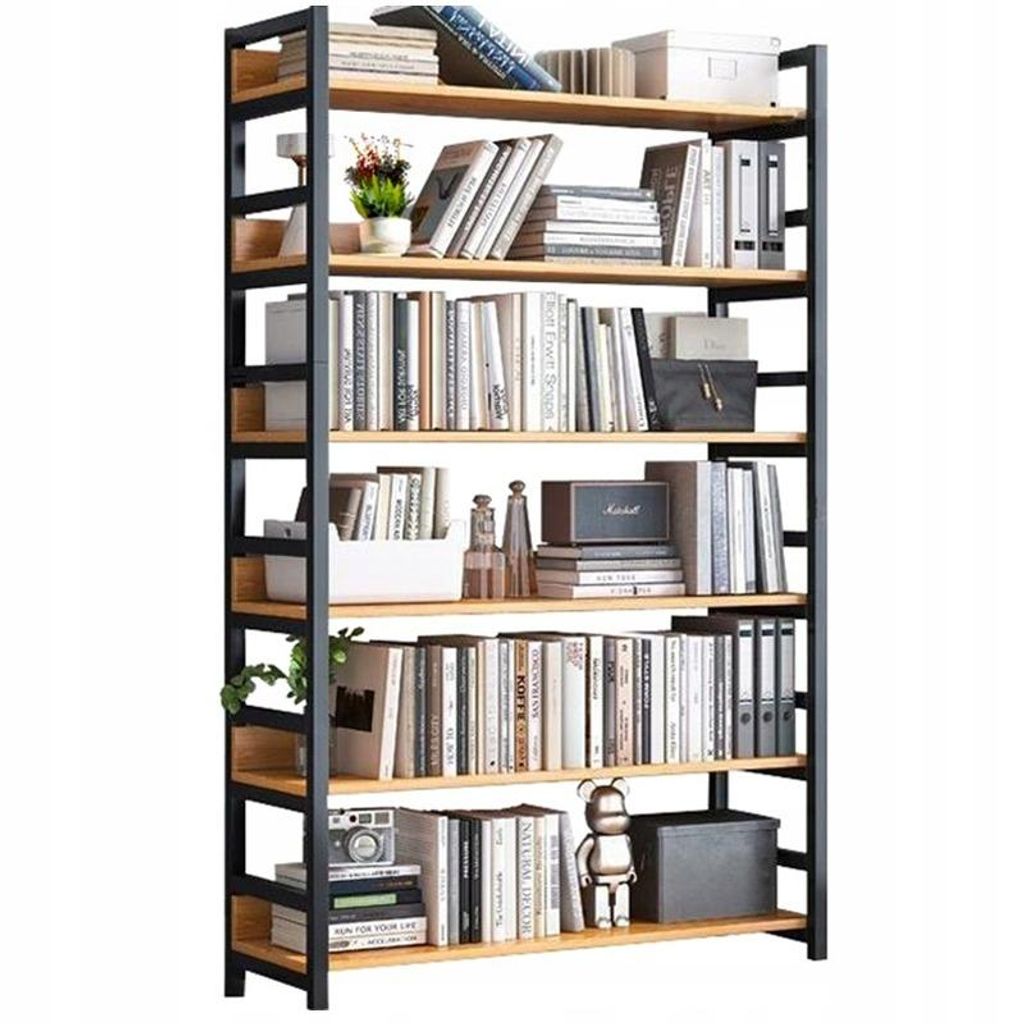 A tall, multi-shelf bookcase filled with books and decorative items.