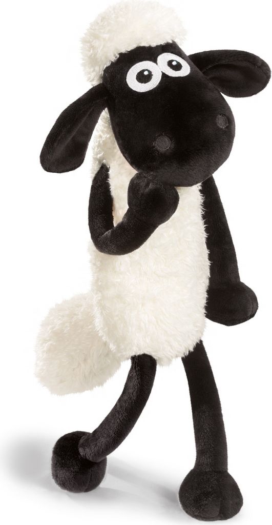 A plush toy sheep standing against a white background.
