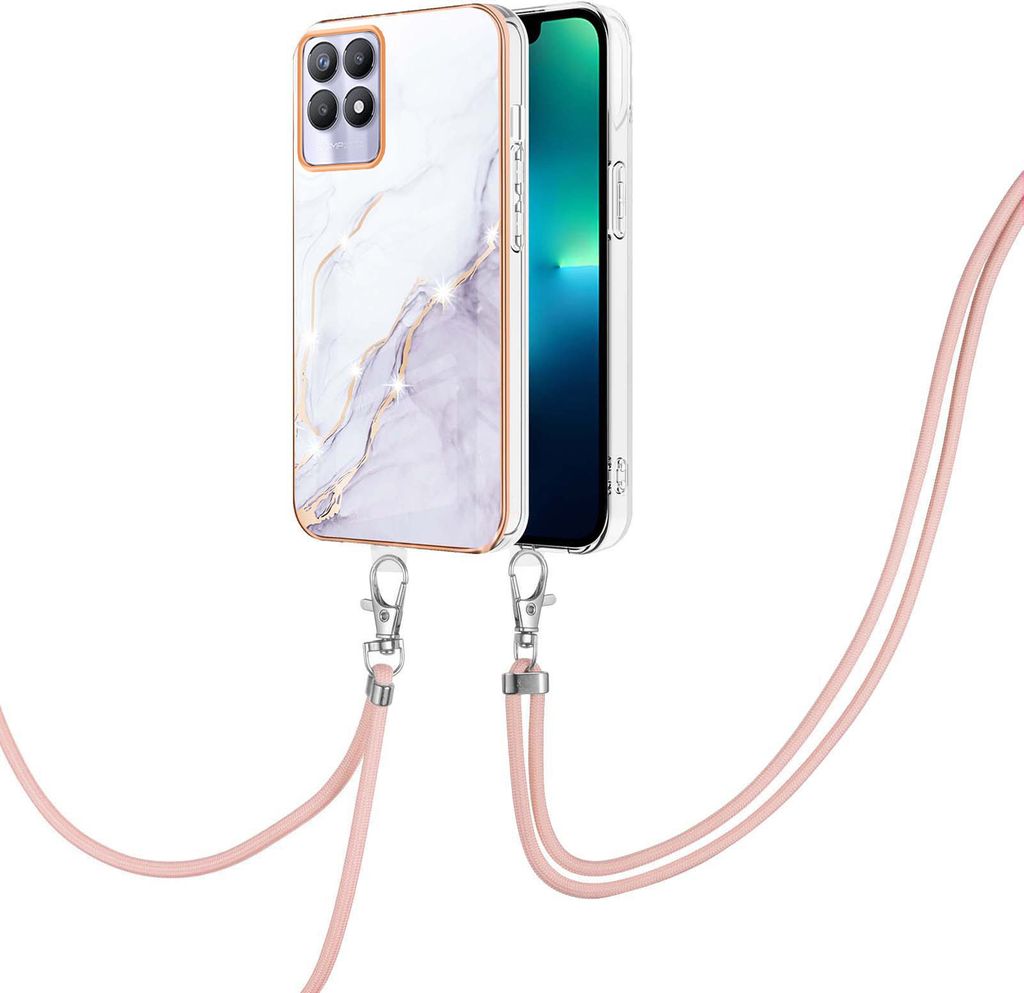 Handykette Hülle für Realme 8i Muster TPU Schutzhülle mit verstellbarem Tragegurt Weiß