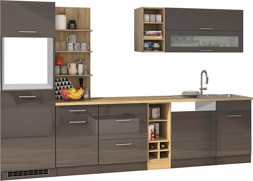 Küchenzeile grau glänzend 310 cm MARANELLO-03 , Anthrazit Hochglanz ohne E-Geräte B x H x T ca. 310 x 200 x 60cm