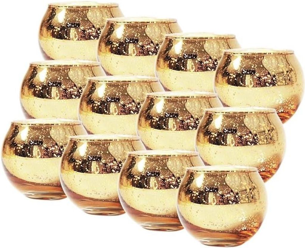 12 Stück Runde Goldene Votivkerzenhalter, Goldgesprenkelte Kugelglas-Kerzenhalter Teelichthalter für Heimdekoration Tischaufsatz und Partydekorat...