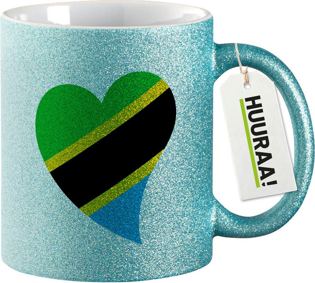 Huuraa Glitzertasse Tansania Flagge Herz 330ml Blau Keramik Kaffeebecher Geschenkidee