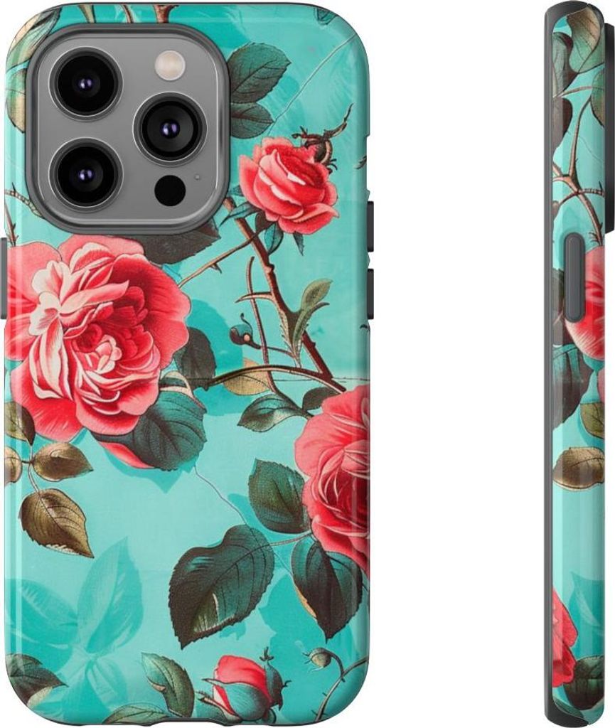 Rote Rosen auf türkisfarbenem Hintergrund – Hülle Kompatibel mit iPhone 14 Pro