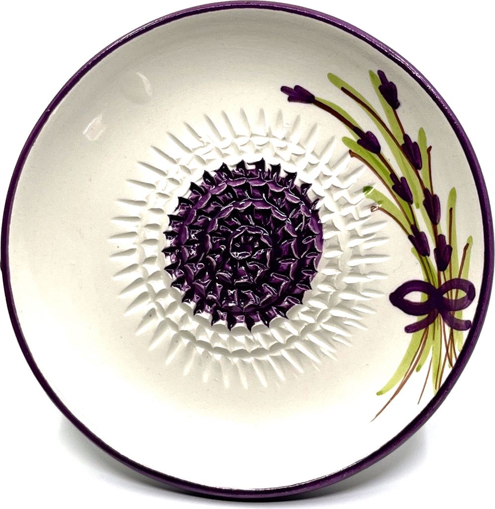 Kaladia Keramik Reibeteller handbemalt in Lila/Weiß mit Blüte - Durchmesser ca. 12cm - spülmaschinengeeignet