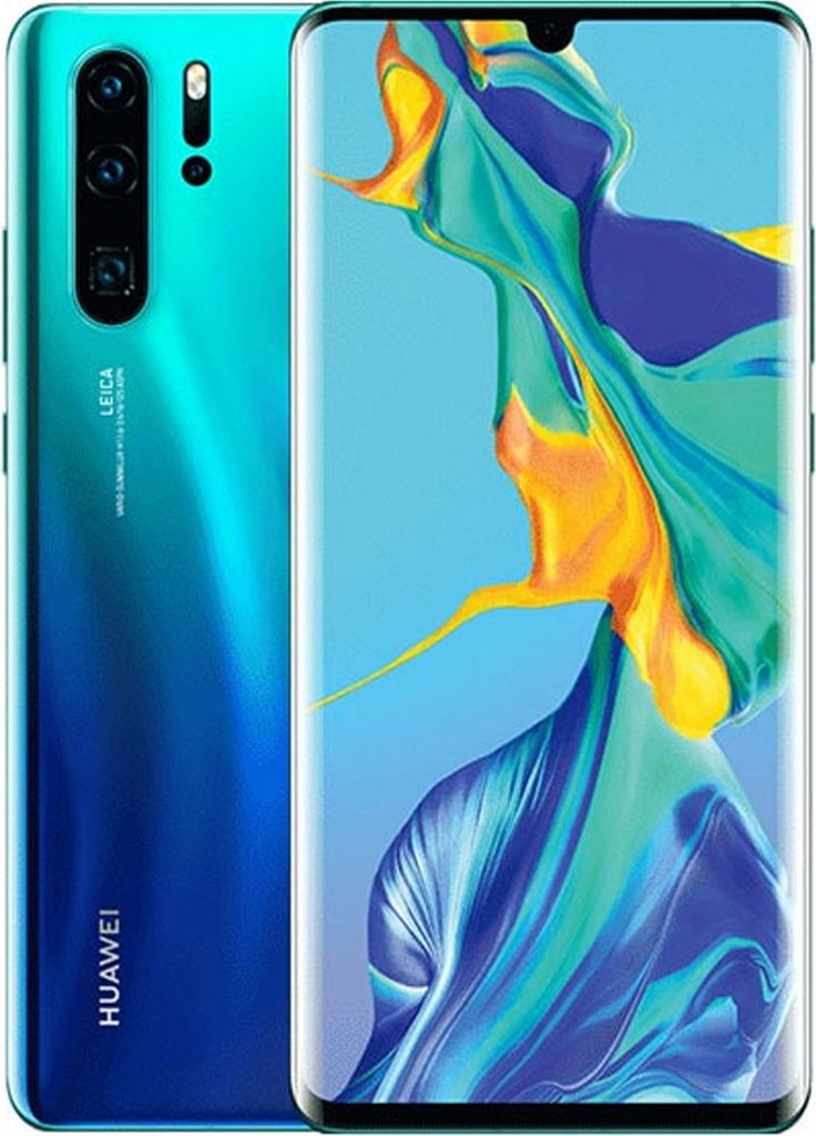 A Huawei P30 Pro smartphone with a colorful abstract wallpaper displayed on its screen, shown from the front and side.