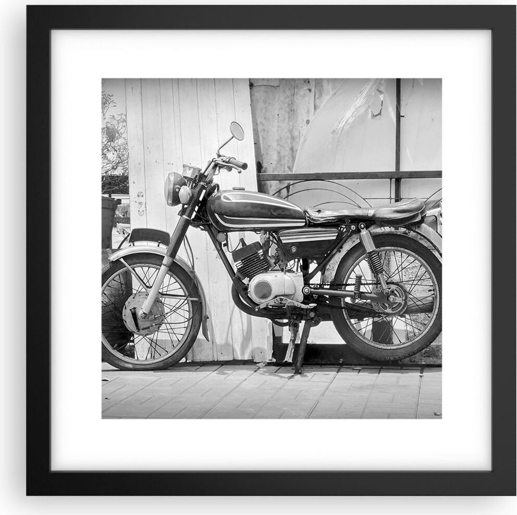 Gerahmtes Poster - Schwarzer Rahmen - Alt Motorrad Schwarz und Weiß - 30x30 cm - Wand Bild - Wanddeko - Wandbilder - Kunstposter - Wandposter - Bi...