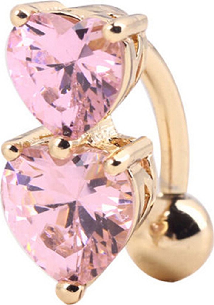 Bauchnabelpiercing-Ring mit umgekehrtem Kristall-Zirkon-Stab, Gold-Körperpiercing-Knopf, Nabel, zwei Herzen-Rosa