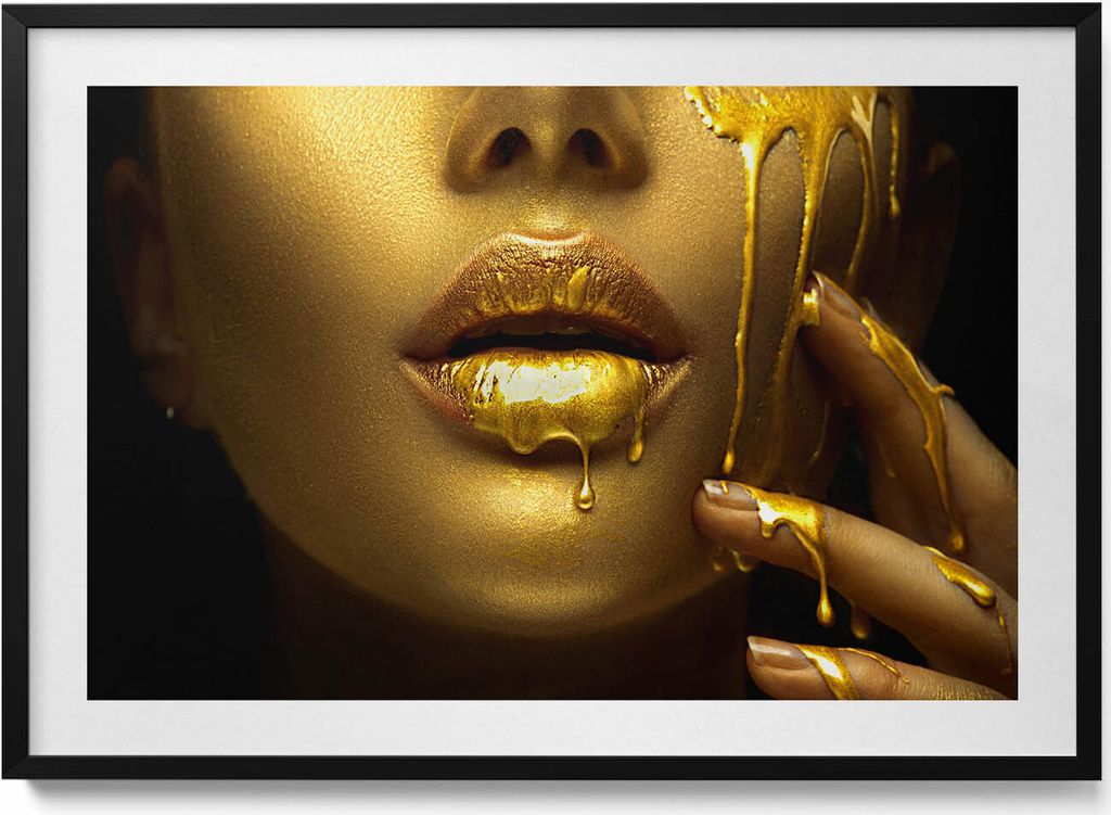 Gesicht und Mund einer Frau in Gold– Wandbild mit Rahmen – Gerahmtes Bild – Wanddekoration – 100x70 cm – Schwarz Rahmen