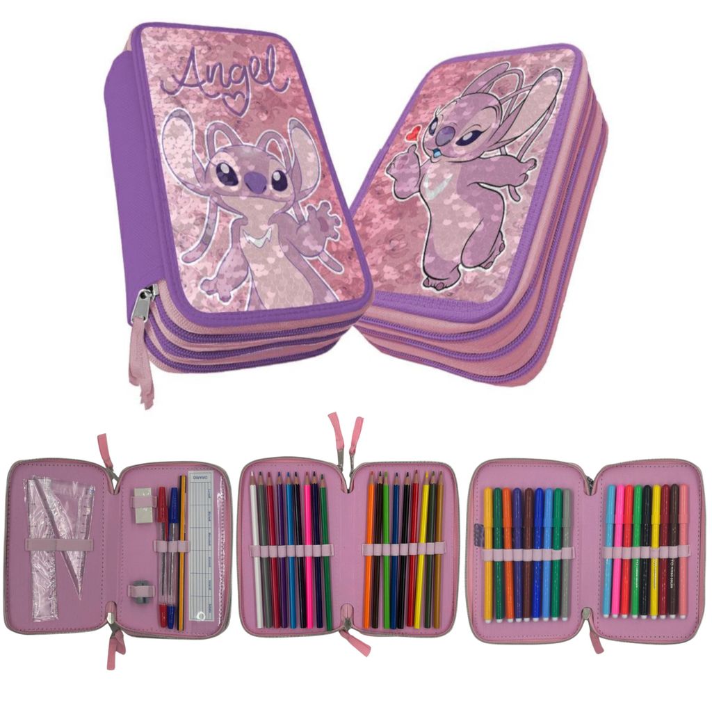 A set of pencil cases, one closed and two open, displaying stationery.