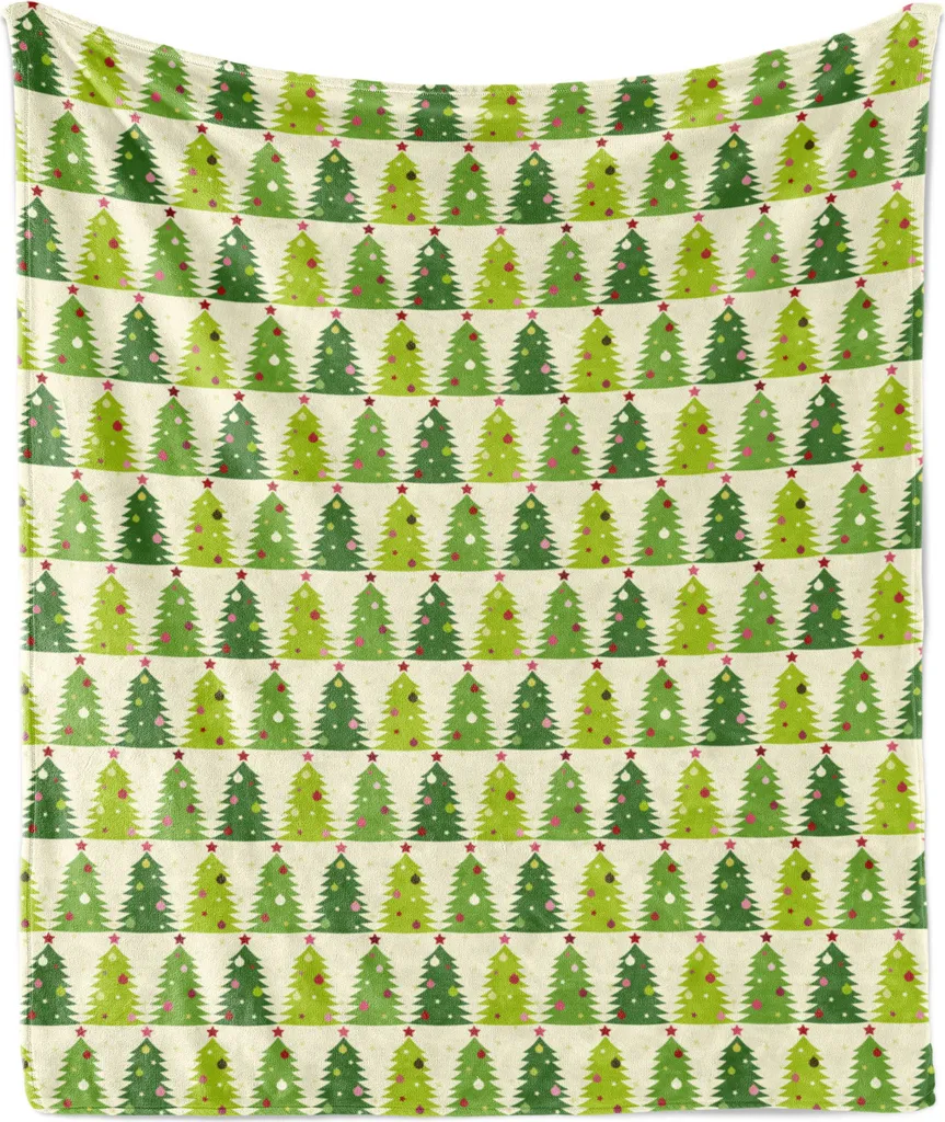 ABAKUHAUS Coperta natalizia in morbido pile di flanella, abete natalizio con decorazioni e stella sulla punta, strisce ondulate, 175 x 230 cm, multicolore - 1
