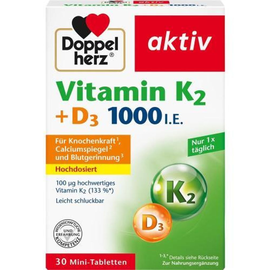 Doppelherz Vitamine K2+D3 1000 IE tabletten, 30 stuks Productafbeelding 