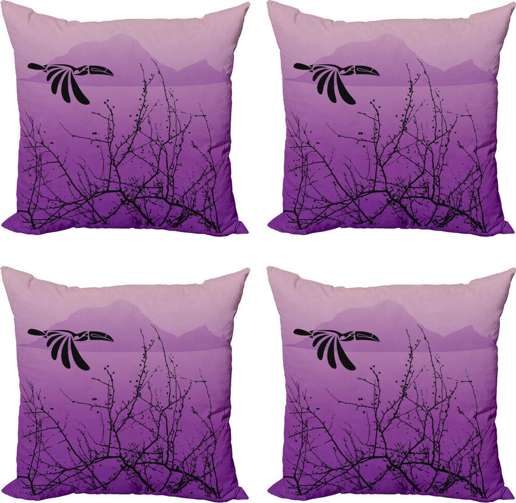 ABAKUHAUS Feder Kissenbezug Set (4 Stück), Hornbill Silhouette, Moderner Doppelseitiger Digitaldruck, 45 cm x 45 cm, lila Schwarz