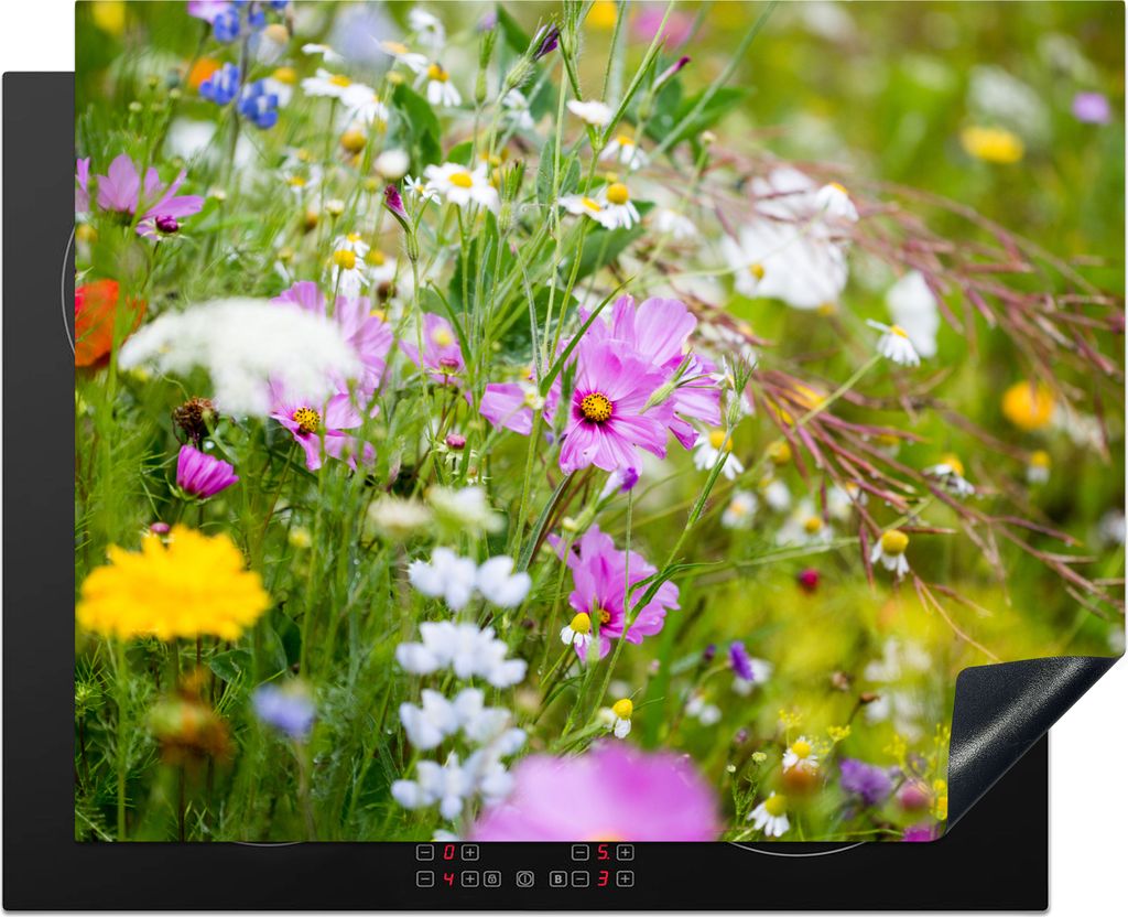 KitchenYeah Herdabdeckplatte Blumen - Natur - Grün - Gras - Lila - Weiß , 65x52cm, Küche Deko, Glaskeramikfeld Herdabdeckung, Abdeckplatte fù...