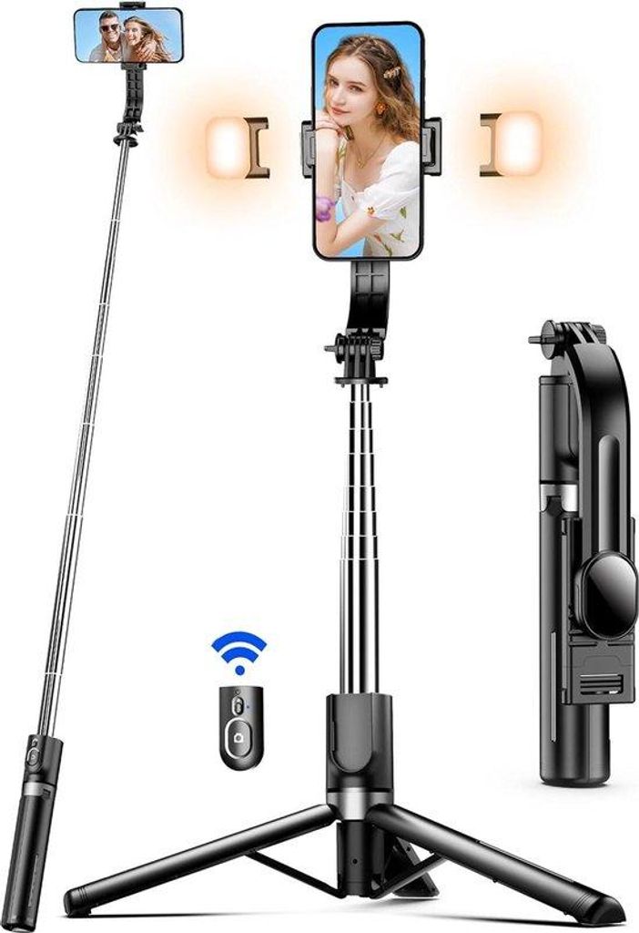 Verstellbares Selbstauslöser-Tripod - 115cm mit Licht - Fernbedienung - Handy-Kamera-Adapter