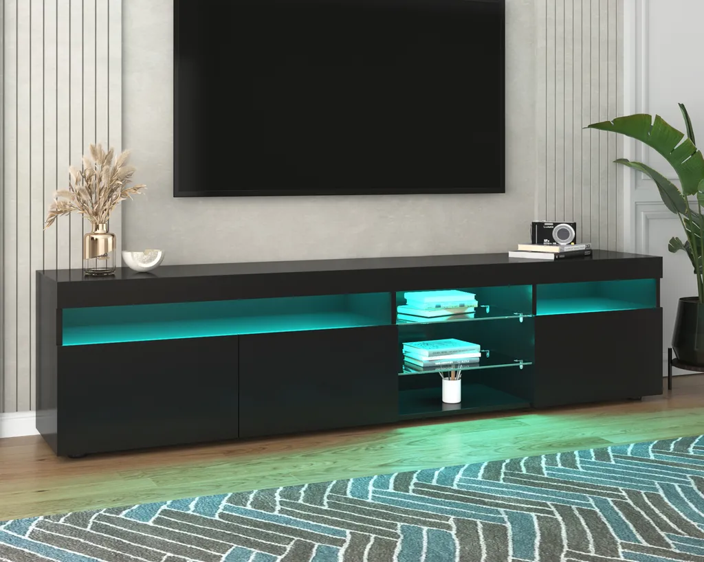 Meuble TV 180cm Noir avec Rangement pour Câbles et Éclairage LED Réglable