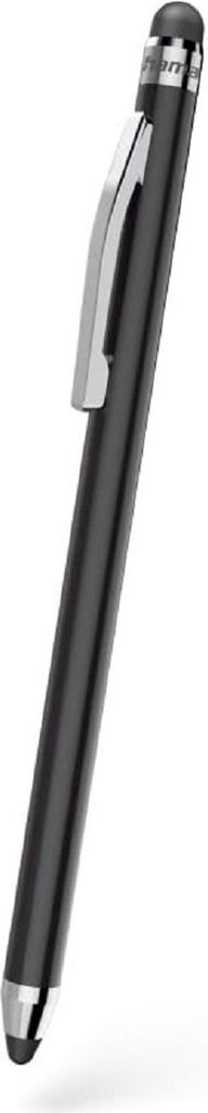 A black stylus with a silver clip and accents on a white background.