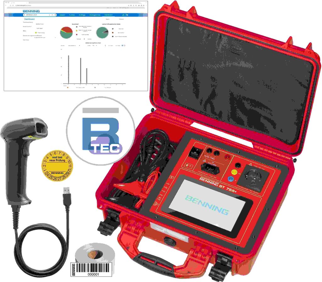 Benning Gerätetester-Set, EN50678, EN50699, EN62353, BTEC Smart 1 J, Barcodescanner, Etiketten, 1 Stk.