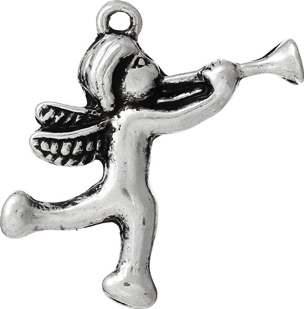5 Anhänger Charm Engel m. Trompete, 25 x 17mm, altsilber