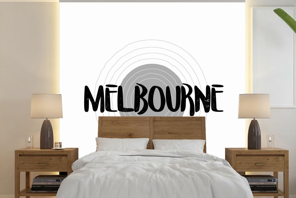 MuchoWow Fototapete für Wohnzimmer oder Schlafzimmer Wandtapete Vinyl Motivtapete Illustration von Melbourne mit einem gelben Hintergrund - schw...