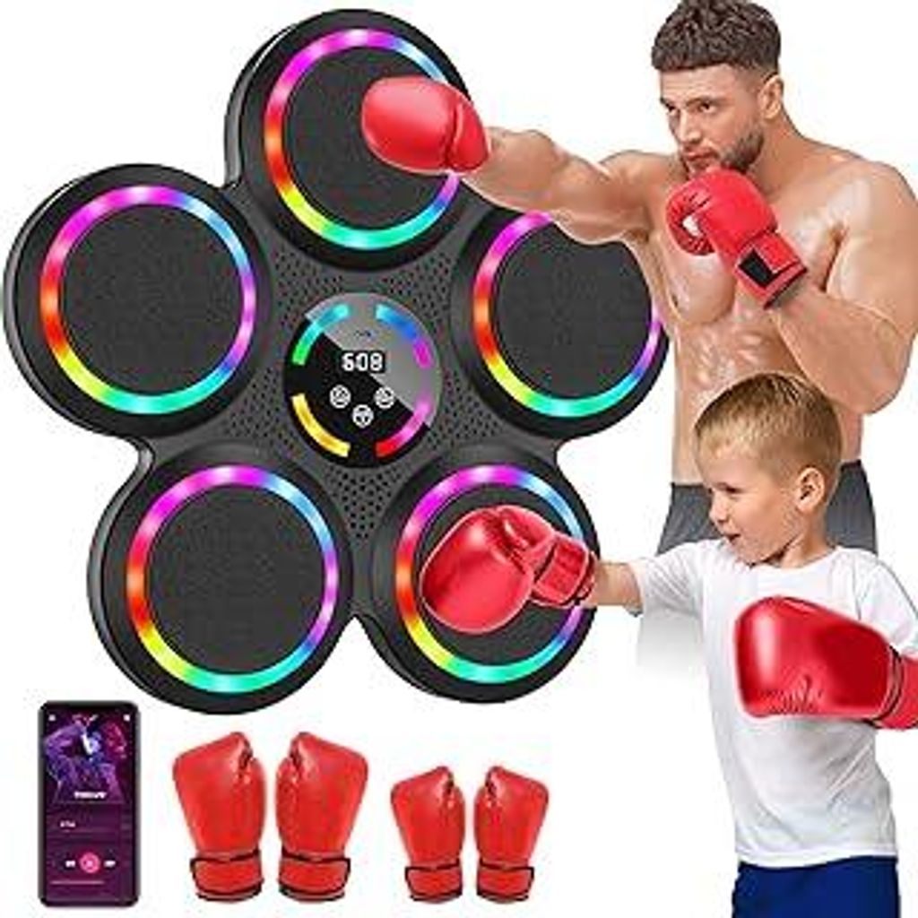 Music Boxing Machine, Elektronische Boxmaschine mit Musik, 2 Paar Boxhandschuhen, Farblichter, Bluetooth, 9 Geschwindigkeits und Trainingsmodi, Zä...