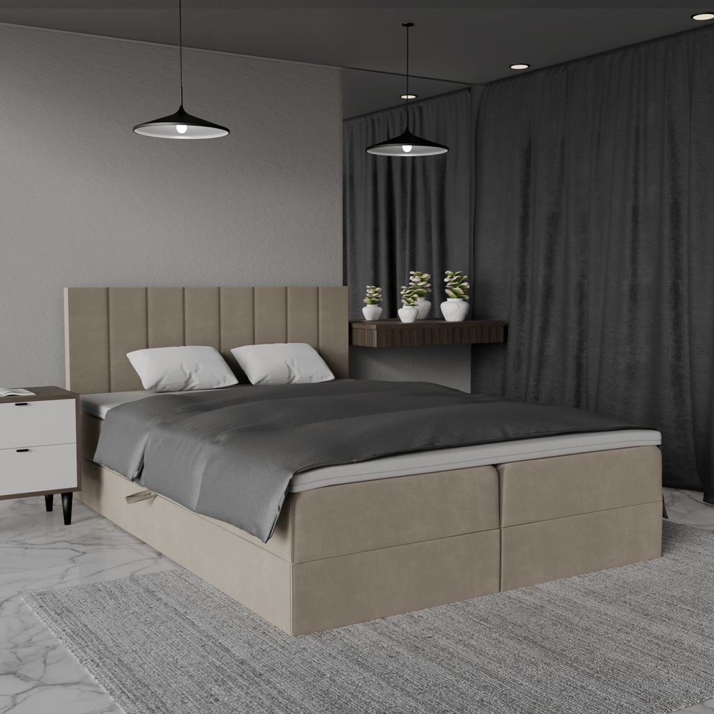 QLA Möbel Boxspringbett Bergamo 160x200 mit 2 Bettkästen, Doppelbett mit Matratze und Topper, Polsterbett, Bett. Farbe Beige