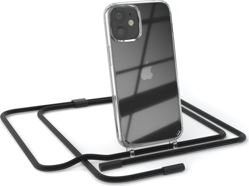 EAZY CASE Handykette für Apple iPhone 12 Mini, Clear Case aus Silikon, mit Umhängeband, abnehmbare Endstücke, Handyband in Schwarz