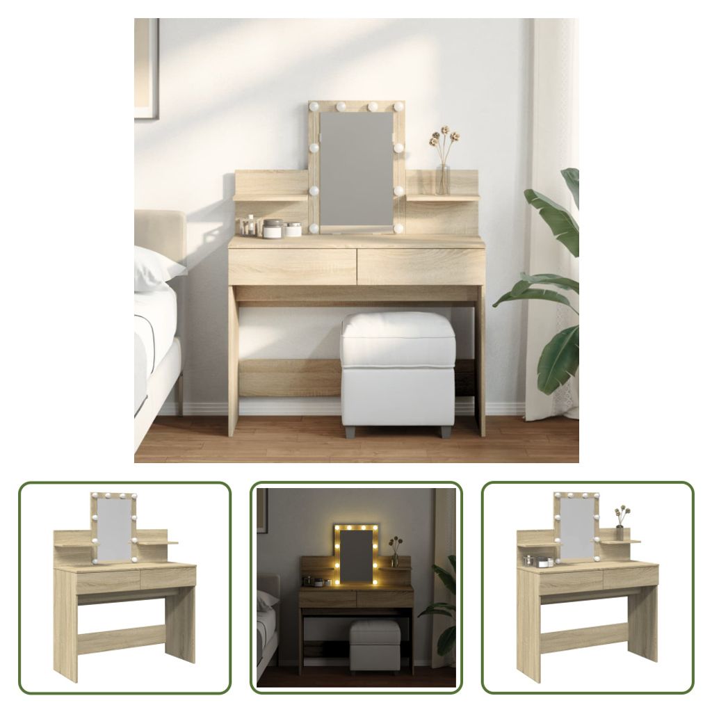The Living Store Schminktisch mit LED-Beleuchtung Sonoma-Eiche 100x40x130 cm
