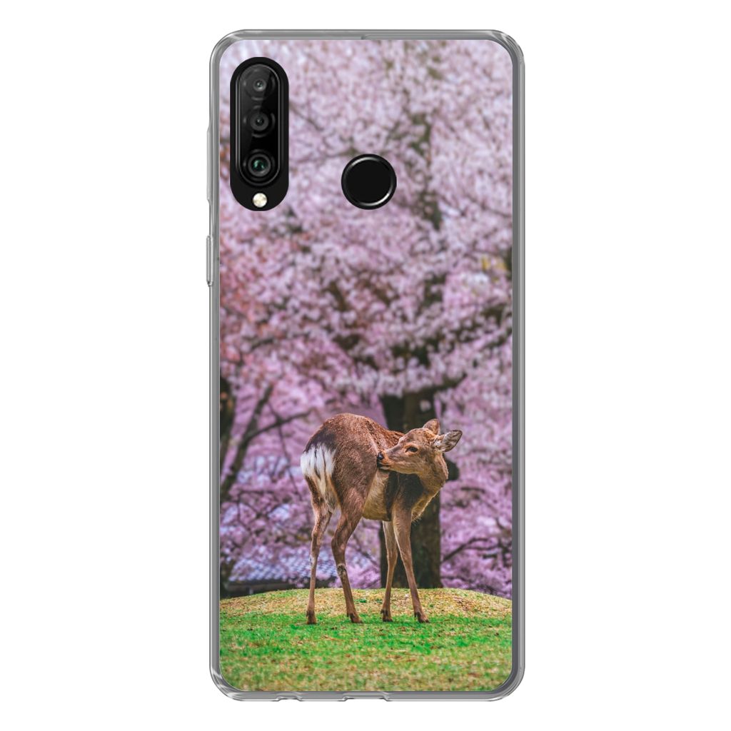 MuchoWow Handyhülle Schutzhülle Hülle für Huawei P30 Lite Hirsch - Rosa - Blüte Silikon Softcase Handy Hülle - Handyhülle