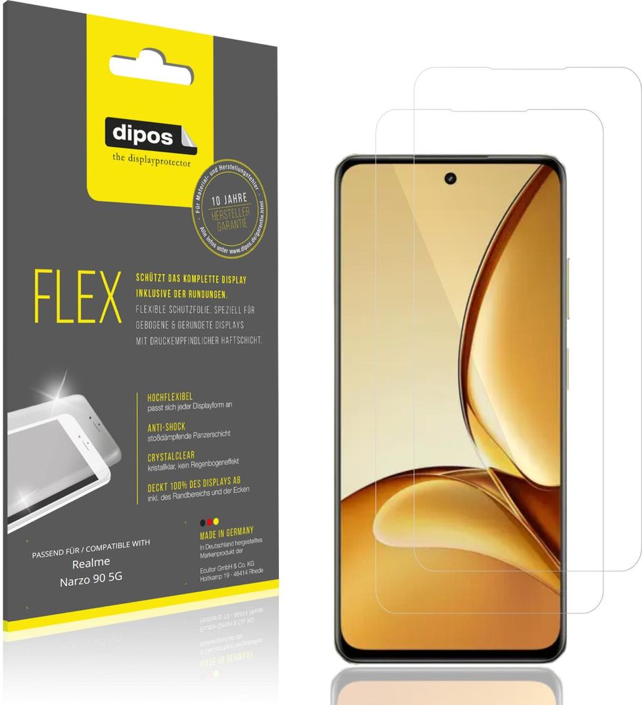 2x Schutzfolie für Realme Narzo 90 5G Folie, 100% Displayabdeckung, dipos Flex