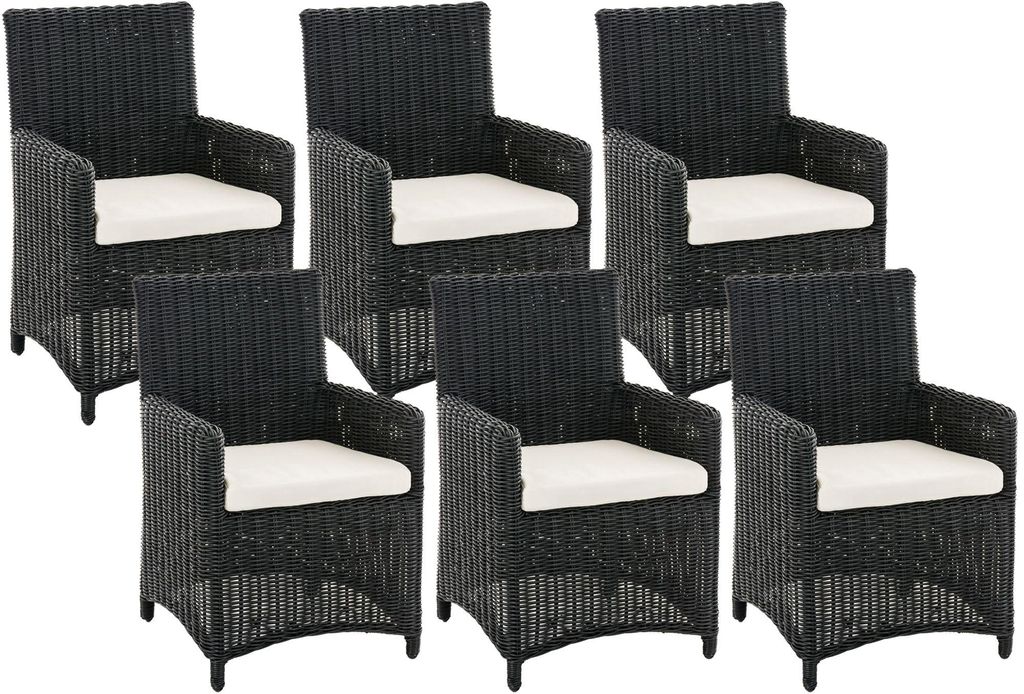 CLP Gartenstuhl 6er Set Fontana, Polyrattan Gartenstühle, Hochlehner mit Sitzkissen, schwarz Polsterfarbe Cremeweiß