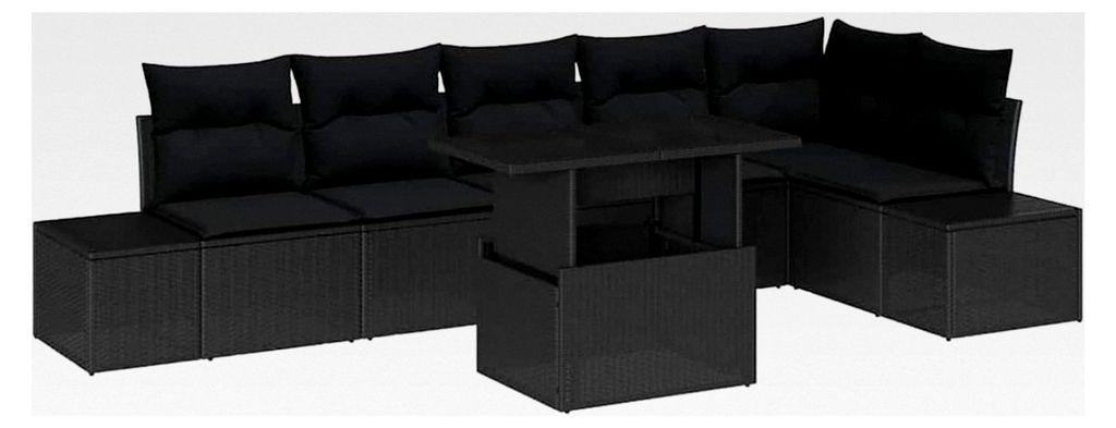 7-teiliges Garten-Sofa-Set mit Kissen Schwarz Poly-Rattan Lounge Sofa Outdoor