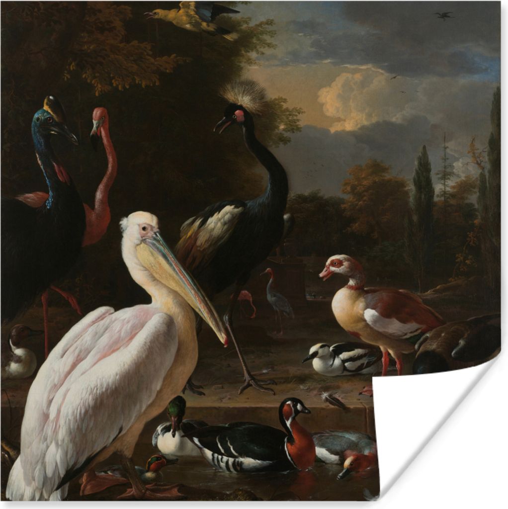 MuchoWow Poster Ein Pelikan und andere Vögel in der Nähe eines Wasserbeckens - Gemälde von Melchior d'Hondecoeter 100x100 cm - Babyzimmer