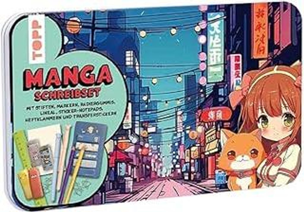 Manga Schreibset: Stifte, Marker, Radiergummi, Lineal, Heftklammern, 2 Transferstickerbogen, Haftnotizen
