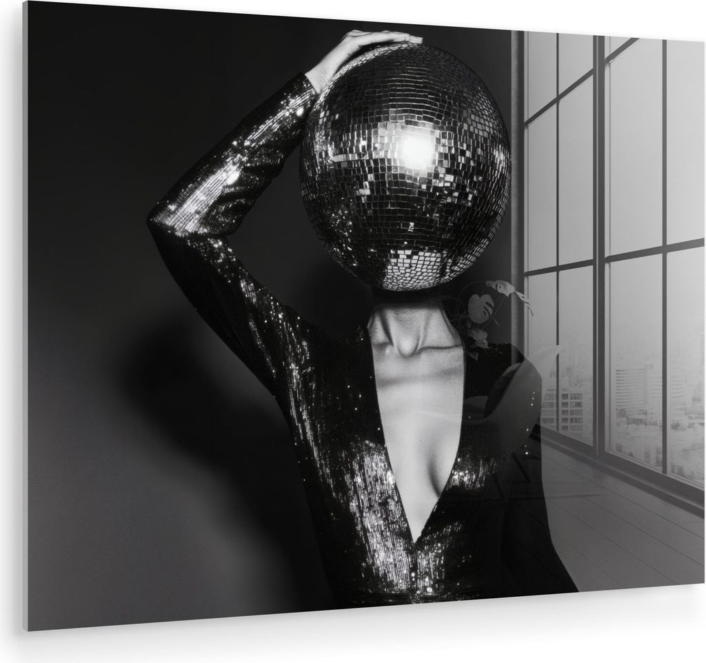 MuchoWow Glasbilder - Bilder auf Wandbild - Foto auf Glas Discokugel - Gesicht - Glamour - Schwarz 80x60 cm Wanddekoration aus Glas - Acrylglasbild...