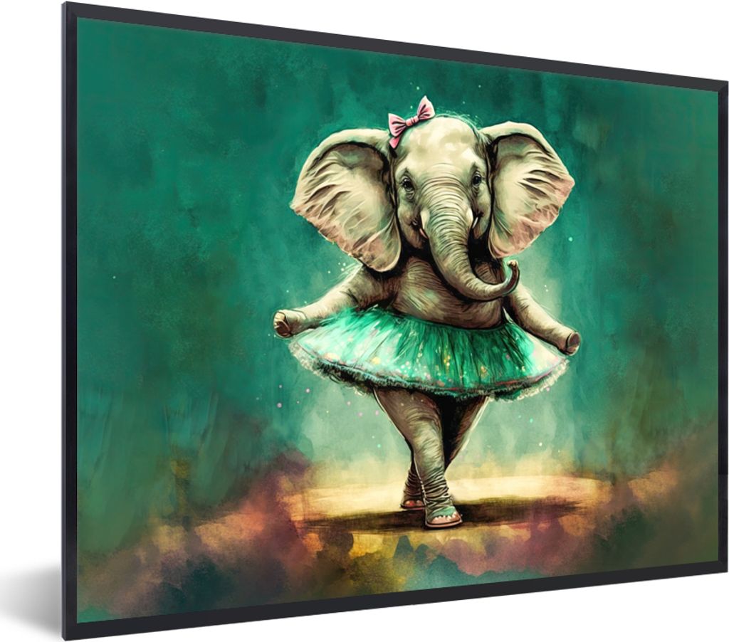 MuchoWow Gerahmtes Poster Elefant - Ballerina - Farbe - Schleife - Porträt 40x30 cm - Poster mit Schwarzem Bilderrahmen Wandposter Rahmen Foto B...