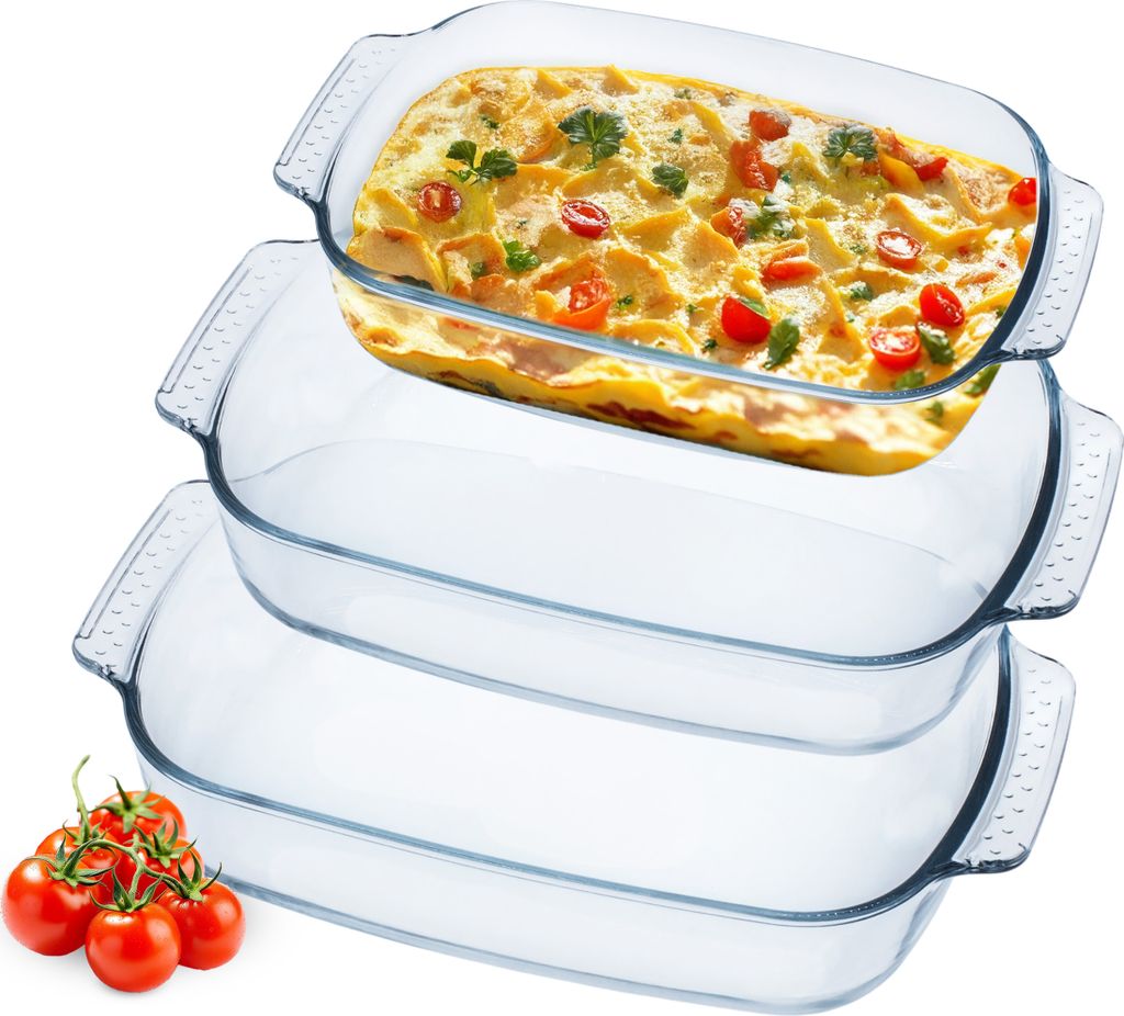 1.06 Ofenschalen Set 3er Set - ca. 3,8 / 2,7 / 2,0 Liter - Auflaufform aus hitzebeständigem Glas