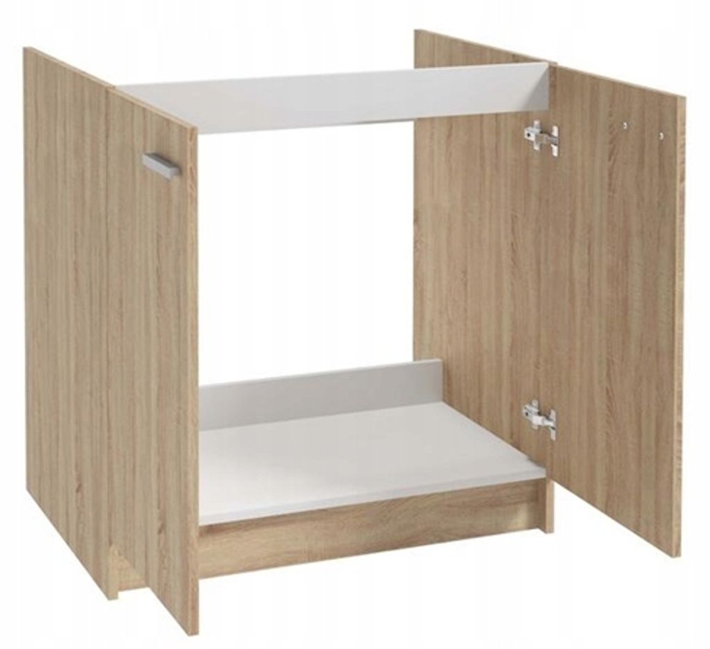 A white and wood-colored cabinet with its doors open.