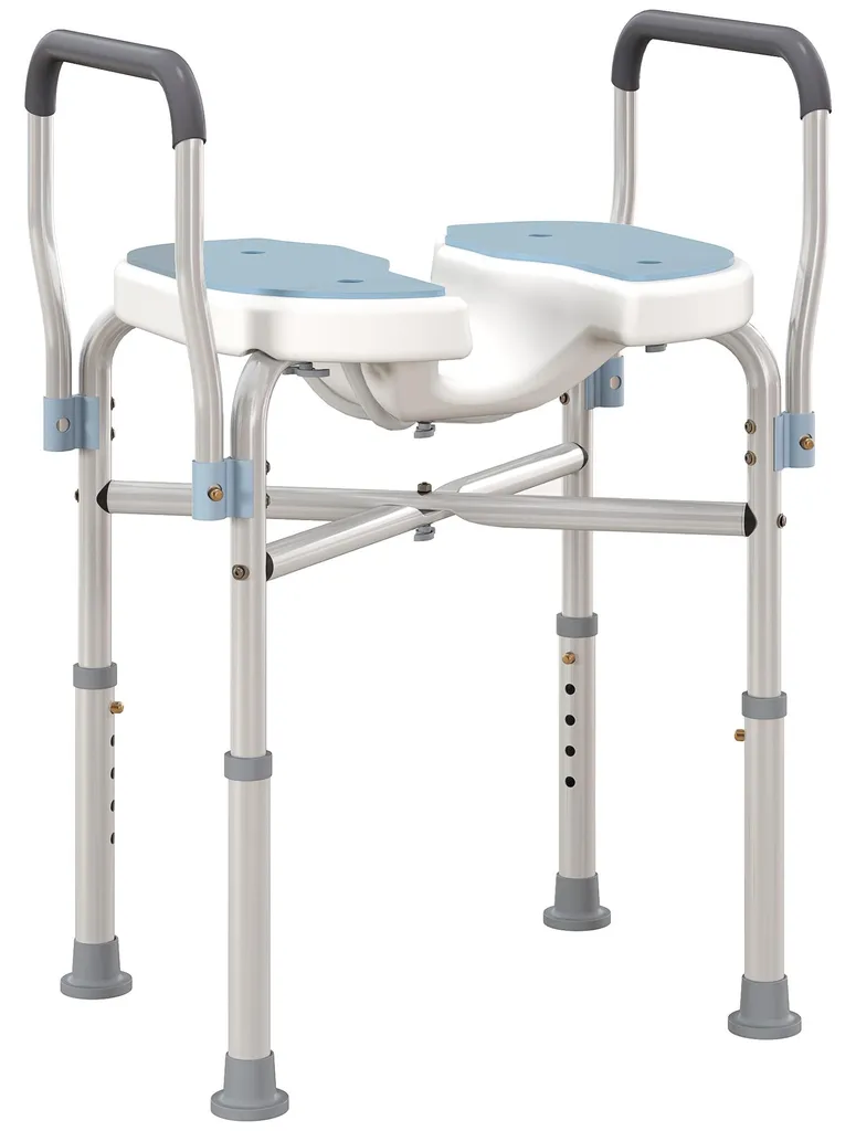 Chaise de douche avec accoudoirs et siège en U réglable bleu clair