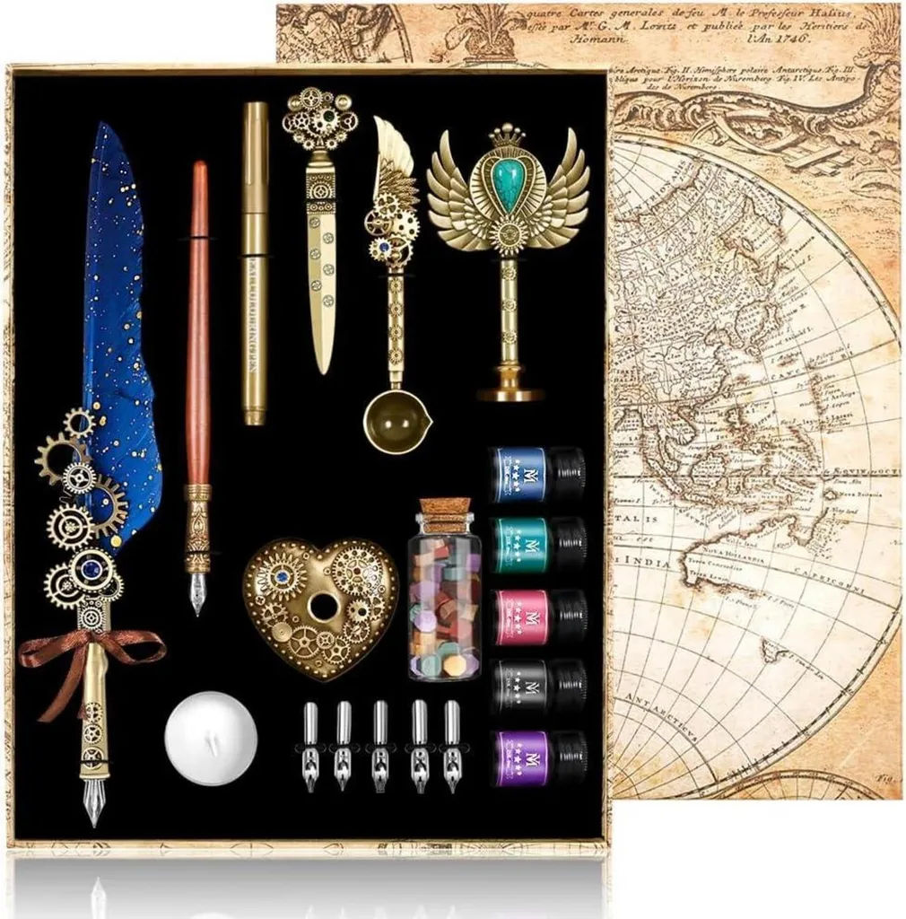 Kit Écriture Ancienne avec Plume Bois et Sceau pour Invitations Bleu